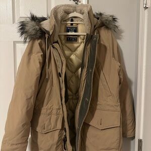 Abercrombie & Fitch Women's Beige Ski Jacket with Faux Fur Hood